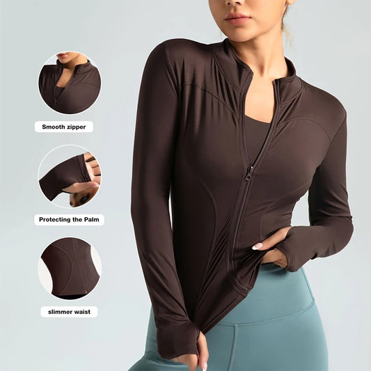 Seamless Sports Outerwear Yoga Coat Cropped Jacket for Gym Running High Waisted Moisture Wicking Workout Top with  Coat Women
