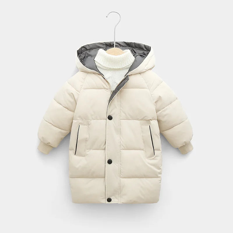 2 3 4 5 6 8 10 Years Girls Jacket Winter Long Style Solid Color Thick Keep Warm Hooded Outerwear For Boys Down Cotton Snowsuit