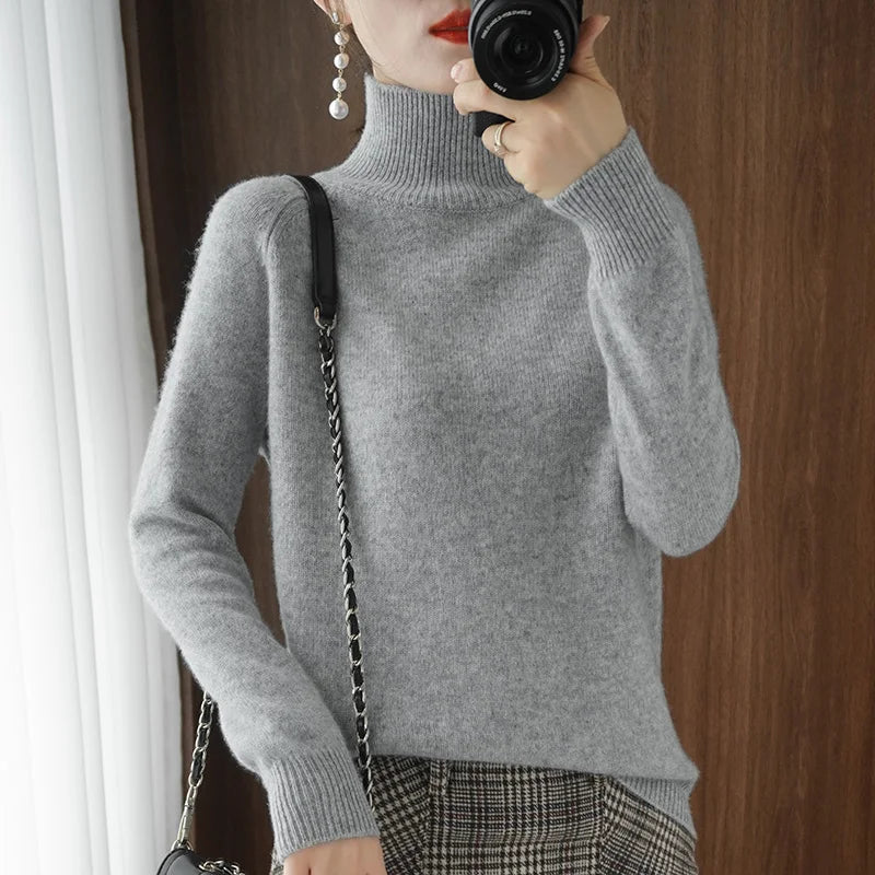 Fashion Basic Autumn Winter  Merino Wool Sweater Mock Neck Cashmere Pullover  Solid Color Soft Long Sleeve Clothing Tops