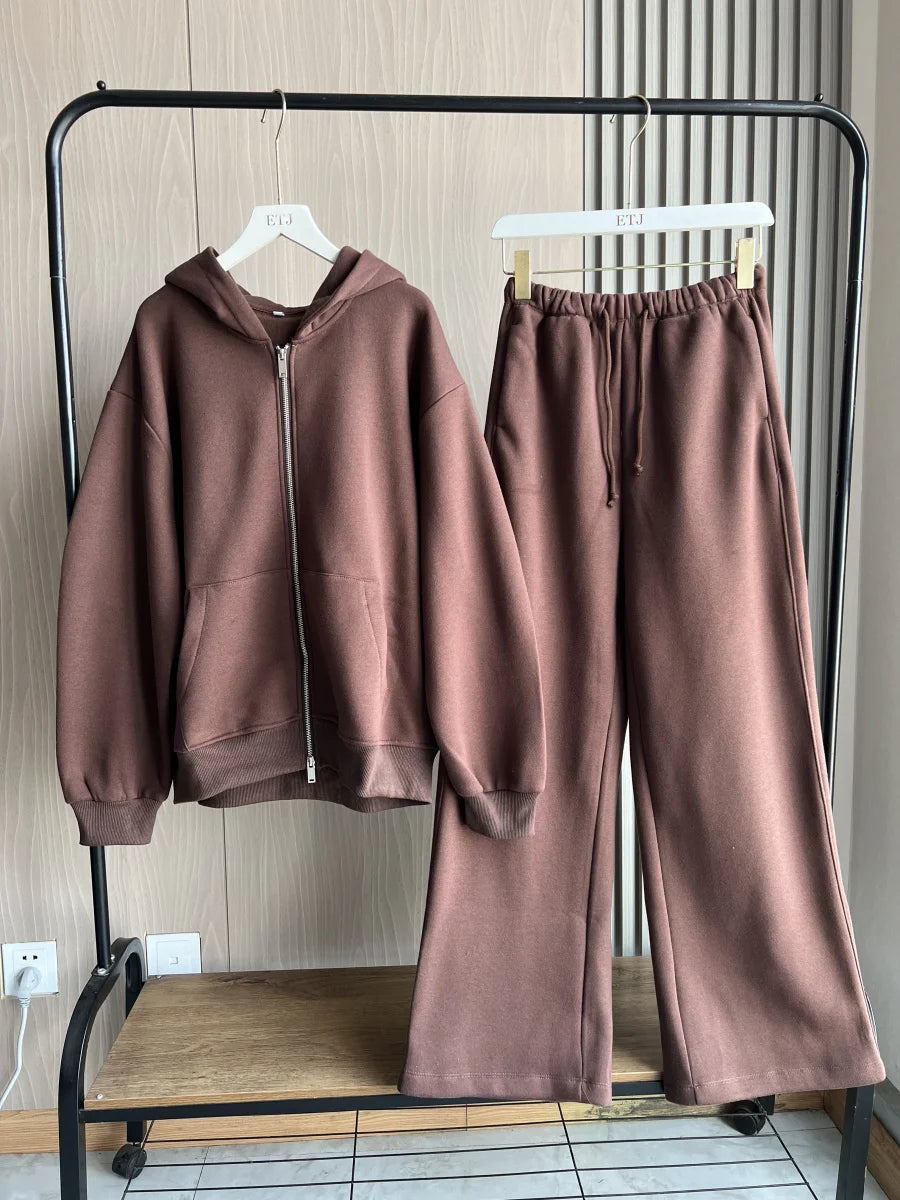 ETJ 2025 Fall/Winter new  women's casual sports oversized zipper hoodie wide leg mop sweatpants set 4174842