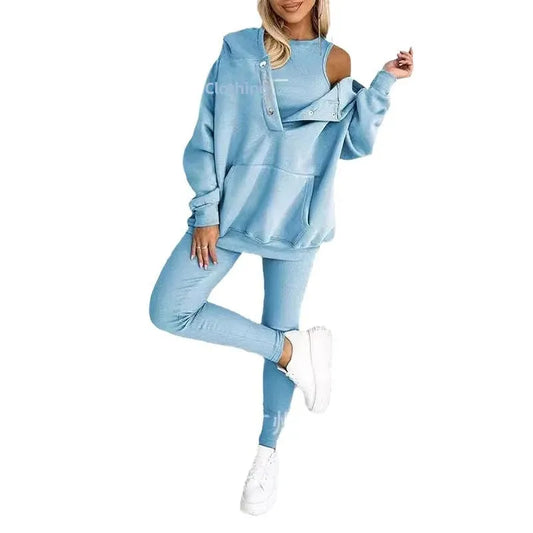 2024 Amazon Cross-border Women's Sporty Hooded Sweatshirt Thickened Screw Threads Slimming Smooths Silhouette Vest Pants Set