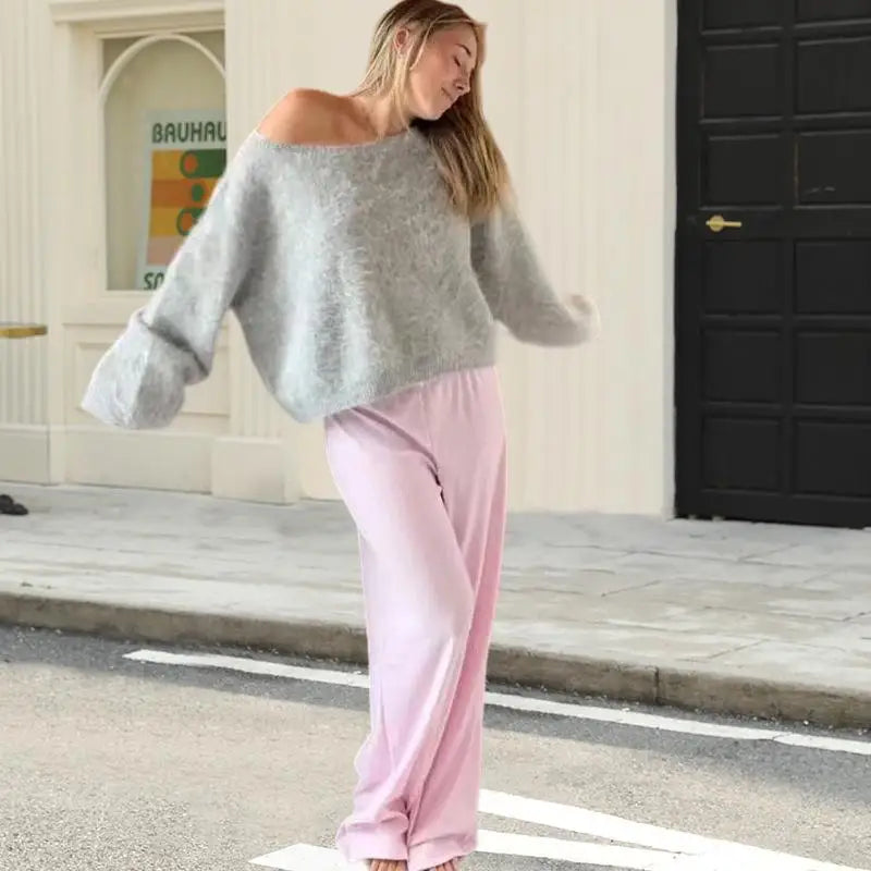 Fashion Women Off Shoulder Faux Wool Knitted Sweater Sexy Classic Full Sleeve Loose Fluffy Short Pullover Lady Daily Street Tops