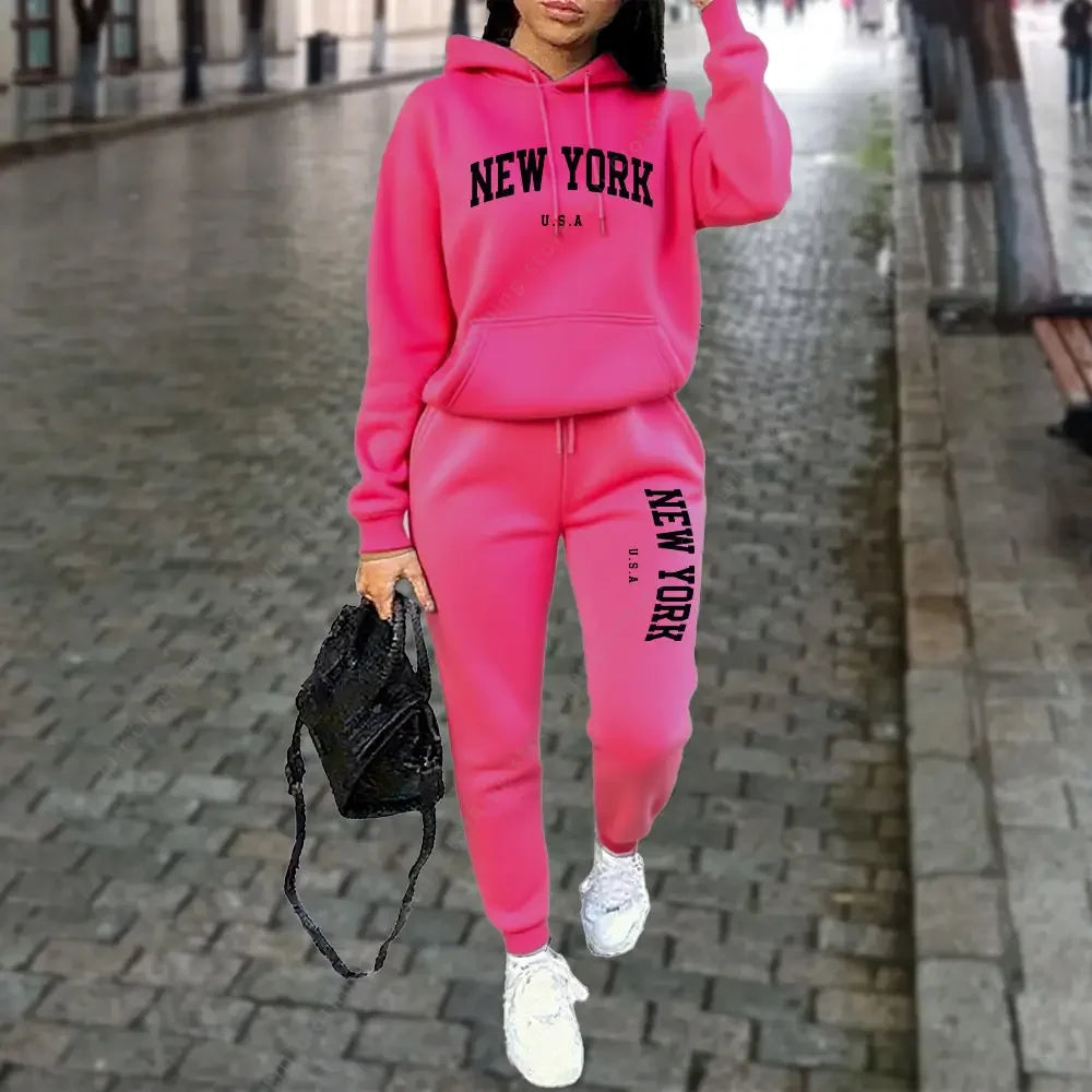 New Women's Hooded Sports Pants 2-Piece Set Winter Spring Style Casual Running Street Wear High Quality Sportswear Tracksuit