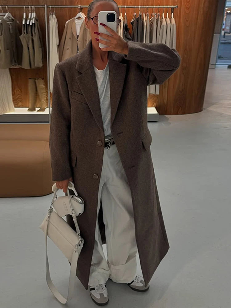 Women Elegant Shoulder Pad Wool Blend Overcoat Brown Lapel Single-breasted Long Sleeve Coat 2025 Autumn Lady Commuter Outerwear