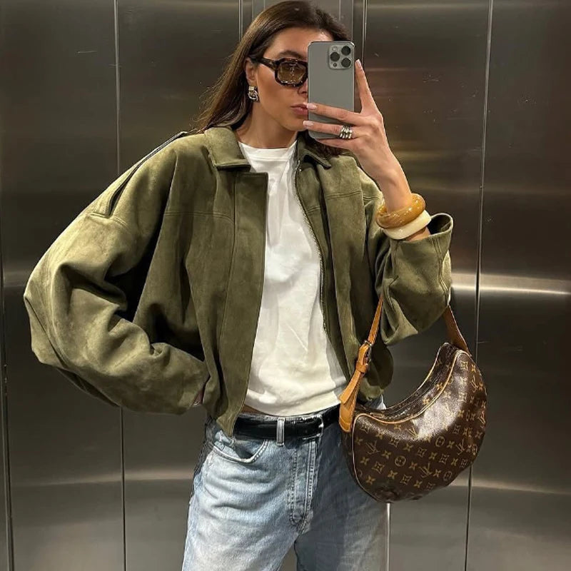 HXAO Women's Cropped Bomber Jackets Long Sleeve Red New In Coats And Jackets Demi-Season Suede Jacket Woman Zip Loose Outerwear