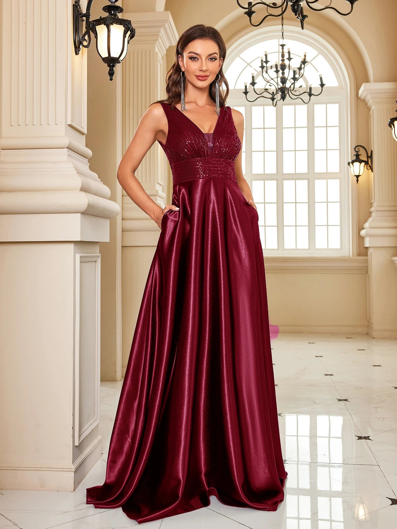 Lucyinlove Elegant Sequins Evening Dresses Luxury Women Deep V-neck Satin Prom Party Floor Length Formal Cocktail Gowns