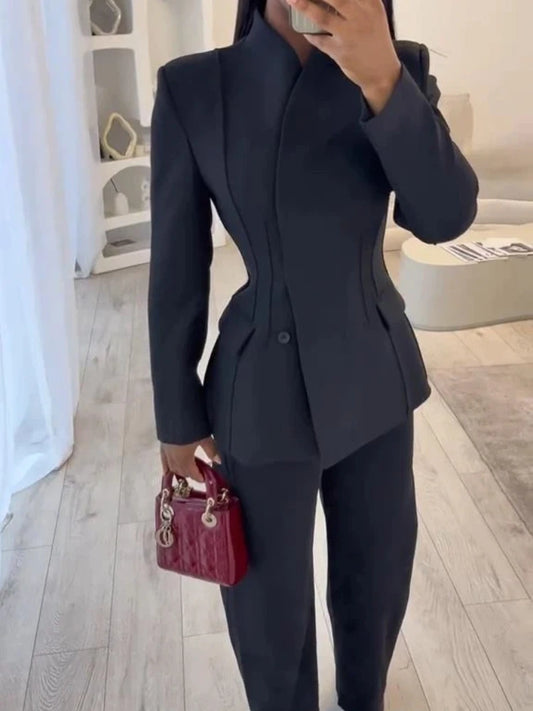 Classic Suit Jacket Long Pant Set Women Vintage Waist-cinching Jackets Straight Pants Sets Female Autumn Chic Street Outfits