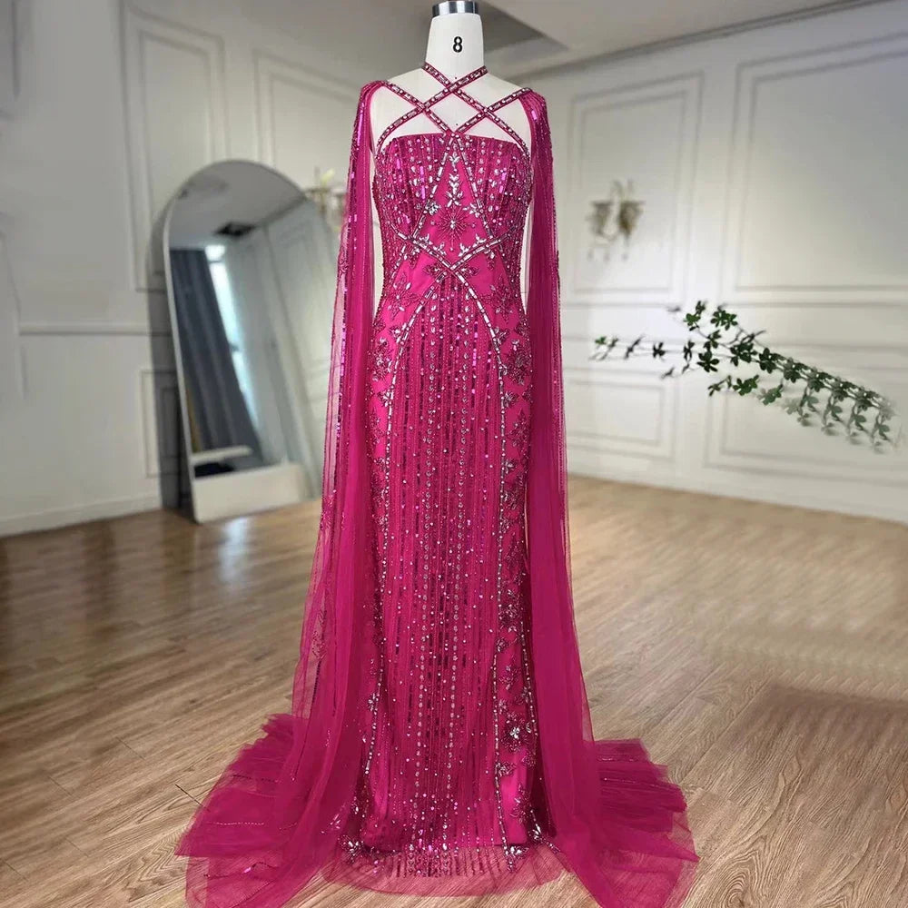 Arabic Luxury Dubai Mermaid Blue Cape Sleeves Beaded Evening Dresses Gowns 2025 For Party LA71905a Customized