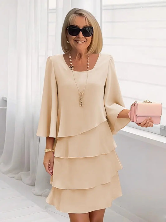 2025 Women's Fashion Cake Skirt 3/4 Bell Sleeve Crewneck Tiered Layered Flowy Dress Party Wedding Outfits