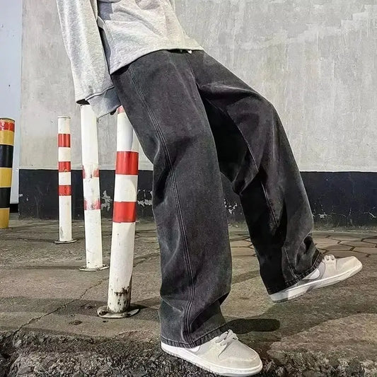 2025 New Streetwear Loose Jeans Men Korean Style Fashion Loose Straight Wide Leg Pants Men's Brand Clothing Black Light Blue