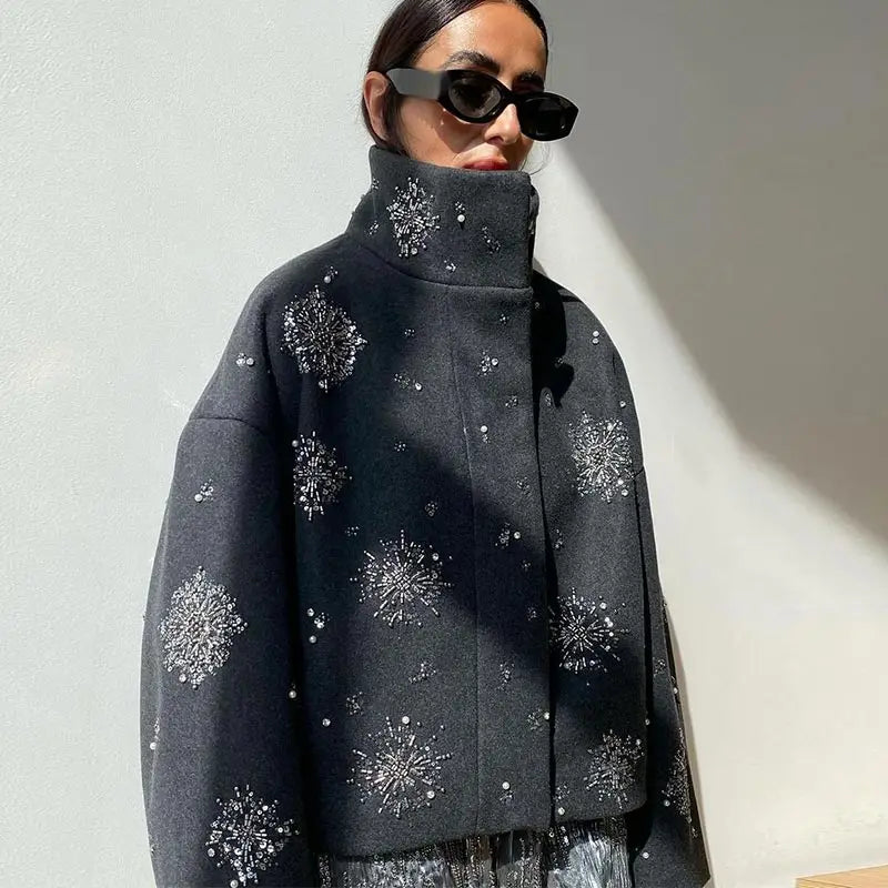 Casual Embroidery Beading Loose Women Coat Lapel Collar Bat Sleeve Solid Wool Blend Jacket 2025 New Lady Luxury Spring Outerwear