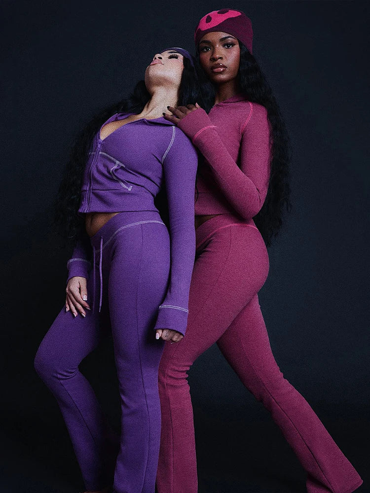 Weird Puss Hooded Tracksuits 2-Piece Set Women Zip Pocket Jacket+Drawstring Flare Pants Casual Sporty Simple Stretch Slim Outfit