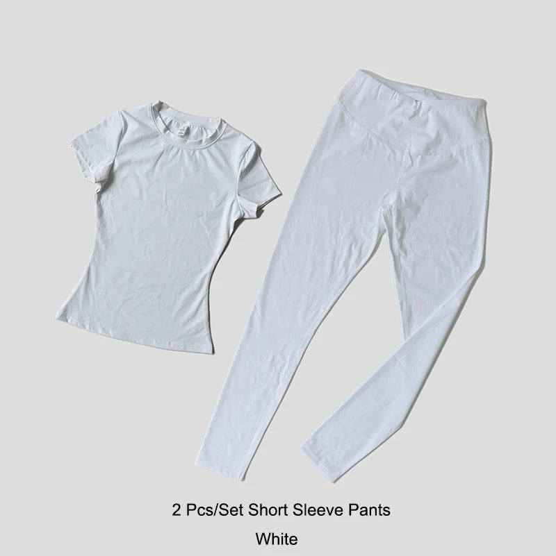 Quick-Drying Gym Leggings Set Sport Suit Short Sleeve Breathable Stretchy Slim Fitness Active Top Tight Gym Set