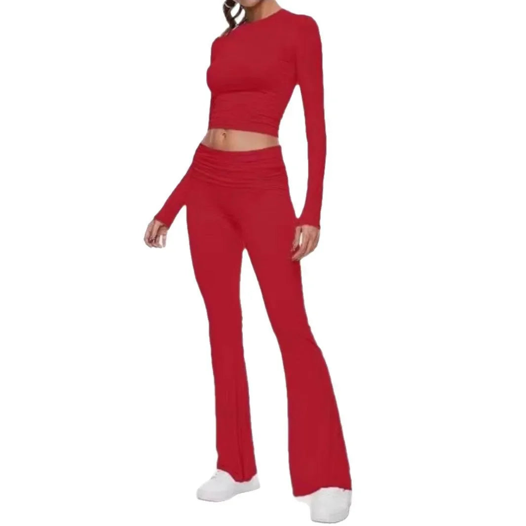 High-End Women's Long Sleeve Top And Flared Pants Set Fashionable And Stylish Polyester Fiber from Mainland China
