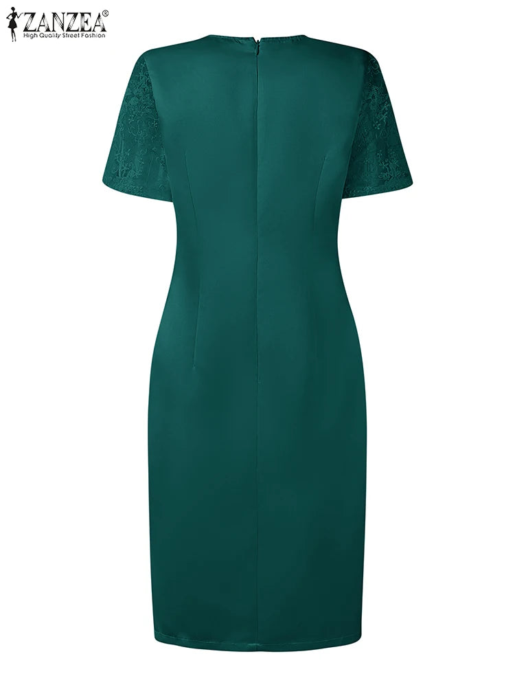 2025 ZANZEA Summer Lace Patchwork Dresses Elegant Stylish Party Dress Women Short Sleeve Slim Fit Sundress Solid Satin Midi Robe