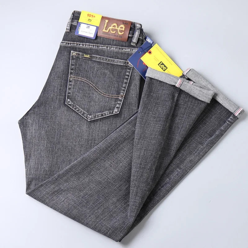 Lee Dex Authentic Jeans Men's Loose Fit Black Straight Leg Pants Casual Business Wear Trousers For Fall/winter Thick Elastic