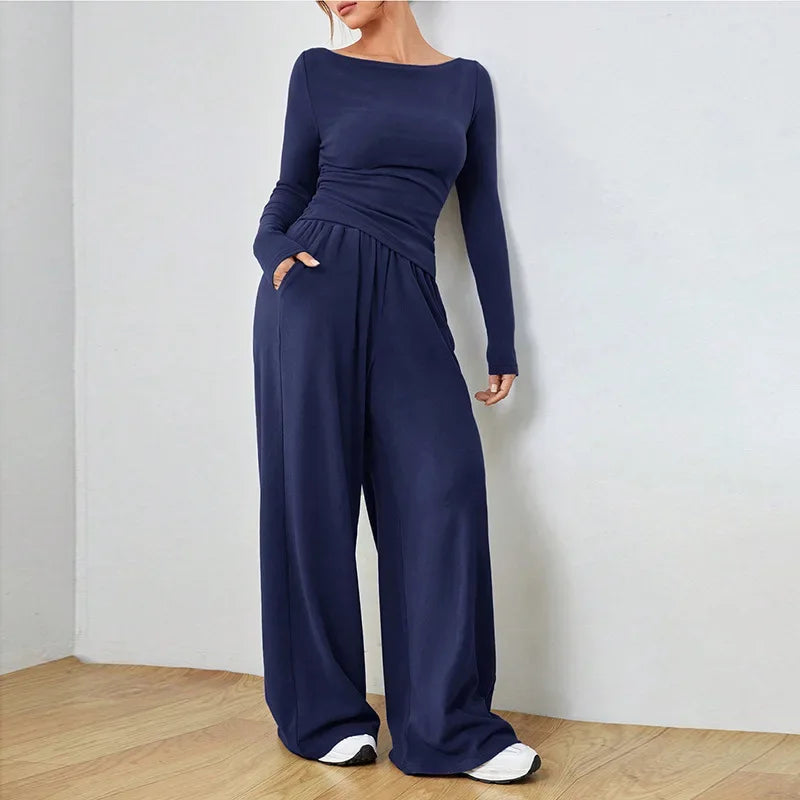 Women's Loose Wide Leg Pants Set Two Pieces Soft Style Irregular Fashion Set Polyester Fiber from Mainland China