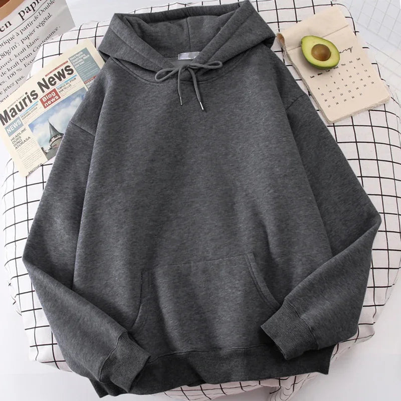 Autumn casual women's solid color hoodie, comfortable stretch sports shirt, loose pocket warm clothes, fashionable street men's
