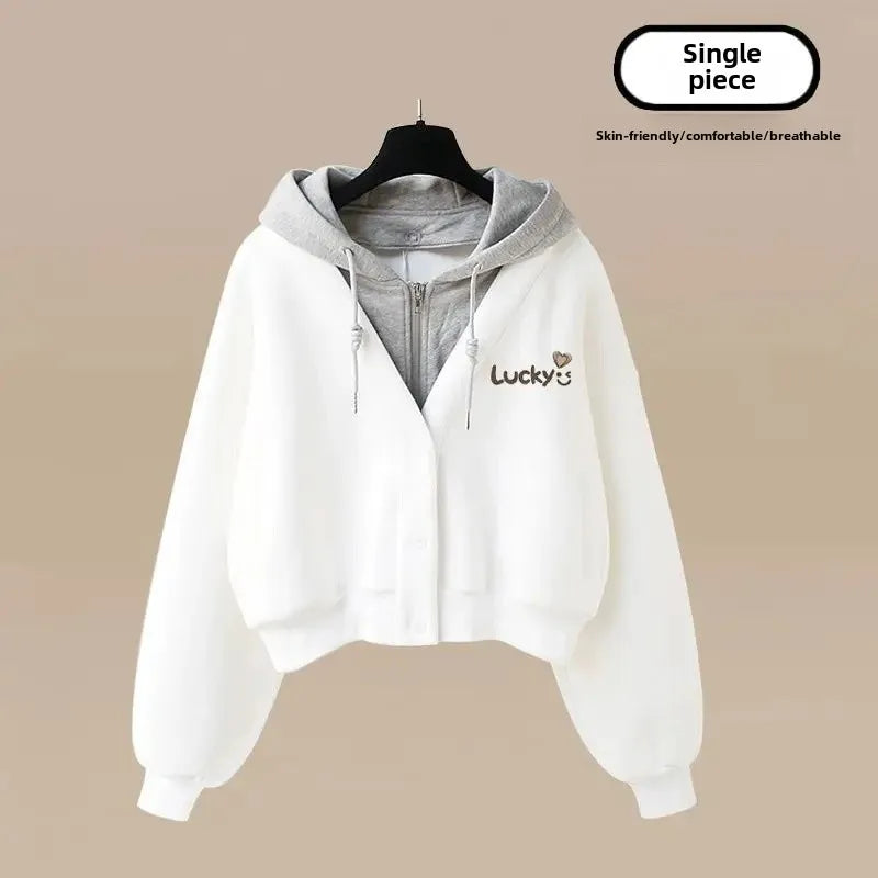 Spring Autumn Loose-Fit Two-Piece Illusion Hooded Sweatshirt Straight-Leg Bell Bottoms Casual Suit Set Chinese Style