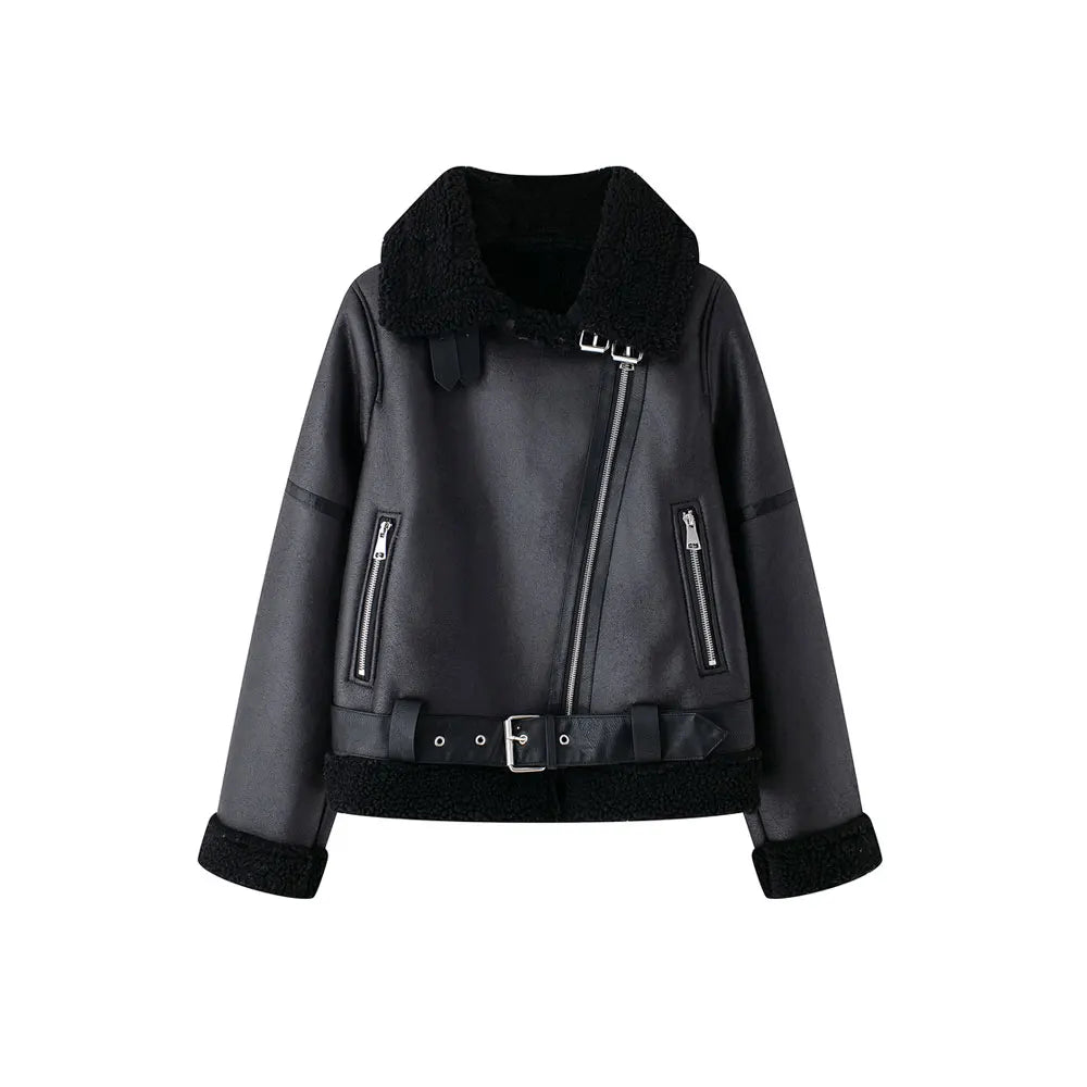 Women's Thick Warm Suede Jacket with Belt, Long Sleeve Coats, Faux Shearing, Female Outerwear, Chic Tops, Winter Fashion