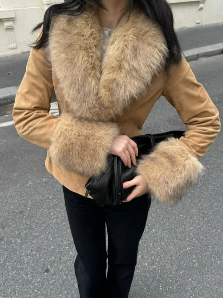 Fashion Faux Fur Suede Patchwork Sleeve Lapel Jacket For Women 2026 Elegant Single Breasted Coat High Street Lady Chic Outerwear