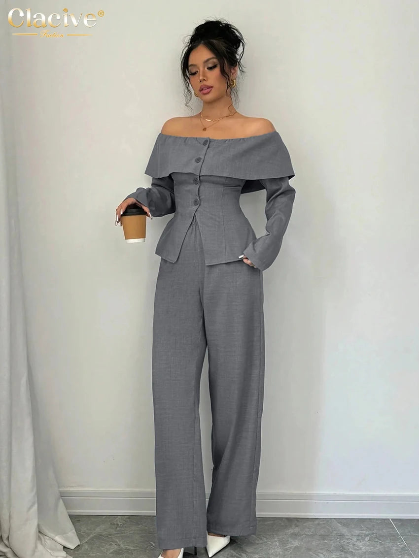 Clacive Fashion Loose Gray 2 Pieces Set For Woman 2026 Elegant Long Sleeve Shirt With High Waist Wide Pants Set Female Clothing