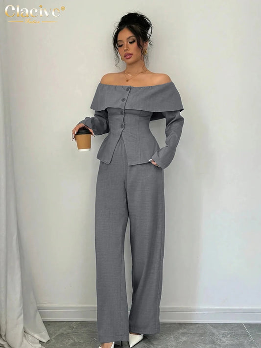 Clacive Fashion Loose Gray 2 Pieces Set For Woman 2026 Elegant Long Sleeve Shirt With High Waist Wide Pants Set Female Clothing