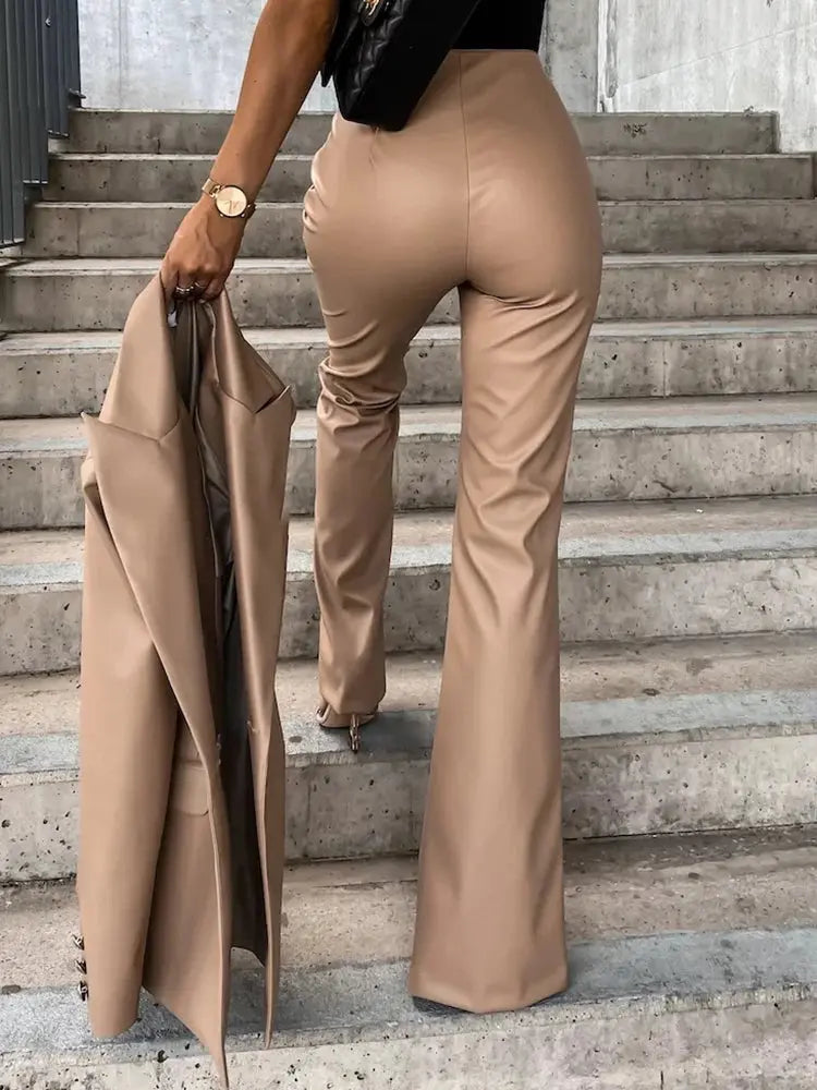 PU Leather Slim Straight Pants For Women High Waist With Pockets Chic Workwear Trousers