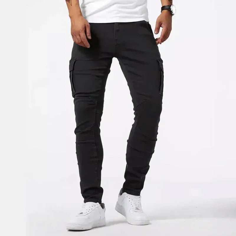 Men Casual Pencil Jeans Male Elastic Multi Pocket Small Slim High Street Denim Pants Wash Solid Color Mid Waist Cargo Jeans 2026