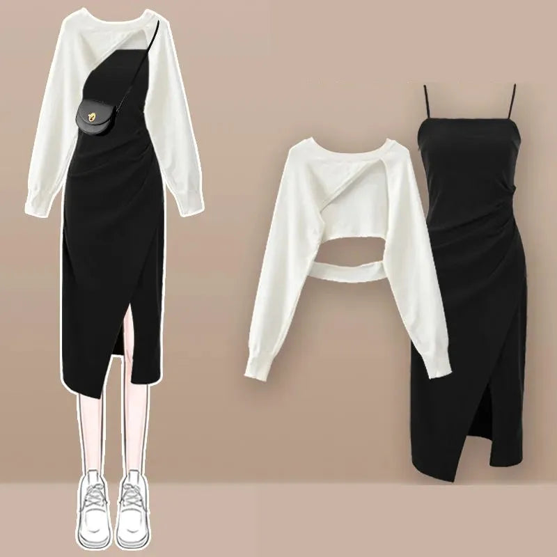 Women Autumn New Vintage Short Knit Blouse+Split Sling Skirt 2-Piece Suit 2025 Korean Elegant Long Sleeve Top Dress Matching Set