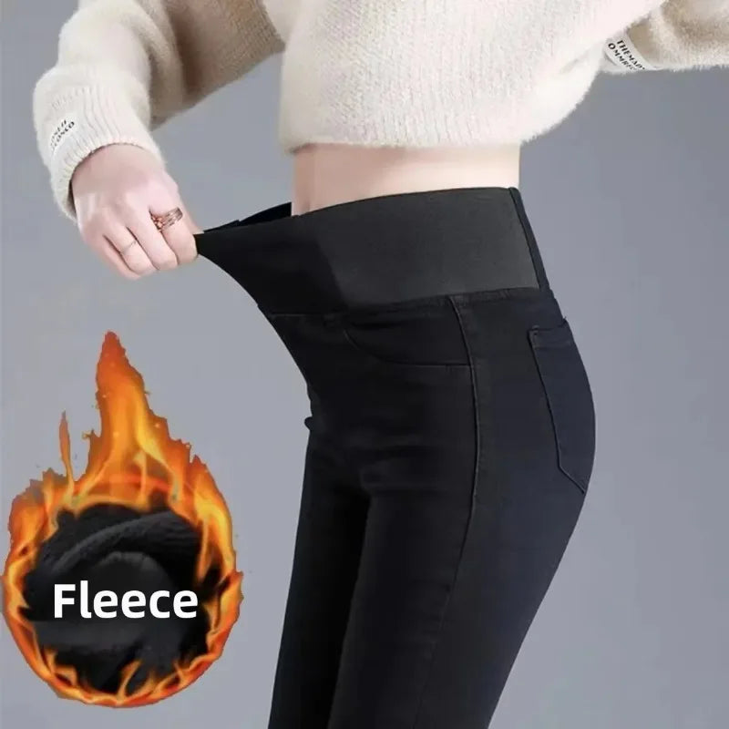 Autumn Winter New Women's Fleece Lined Slim Fit Jeans Elastic Waist Denim Pants High Waist Thermal Design Sensation Jeans