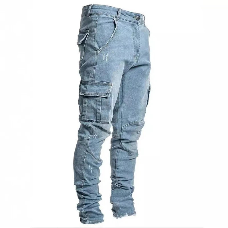 Men Street Elastic Denim Jeans Wash Solid Color Multi Pockets Cargo Pants Casual Slim Fit Daily Wear Joggers Mid Waist Trousers