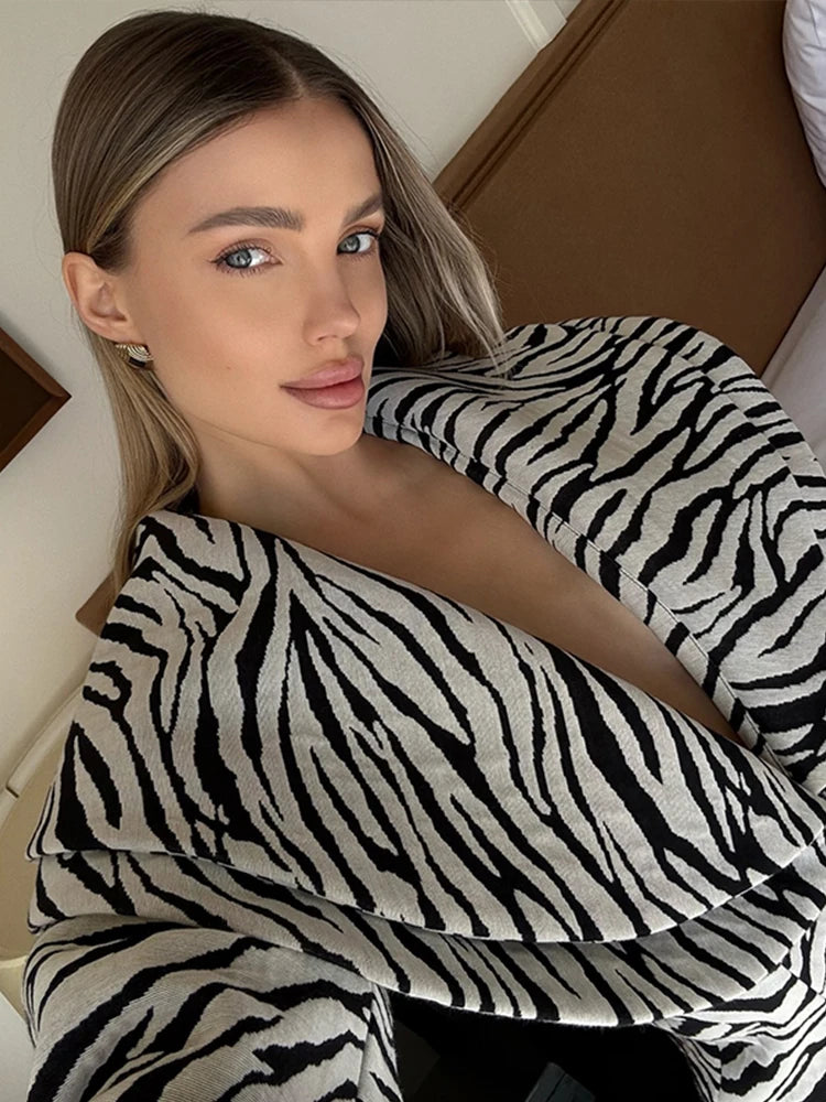 Fashion Zebra Printing Women's Jacket Skirts Suit V-Neck Waist-Closed Lady Sets 2025 Autumn Winter Elegant 2 Pieces Set Womem