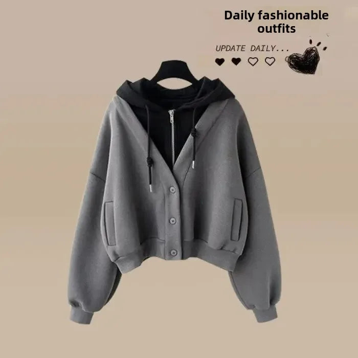 Spring Autumn Loose-Fit Two-Piece Illusion Hooded Sweatshirt Straight-Leg Bell Bottoms Casual Suit Set Chinese Style