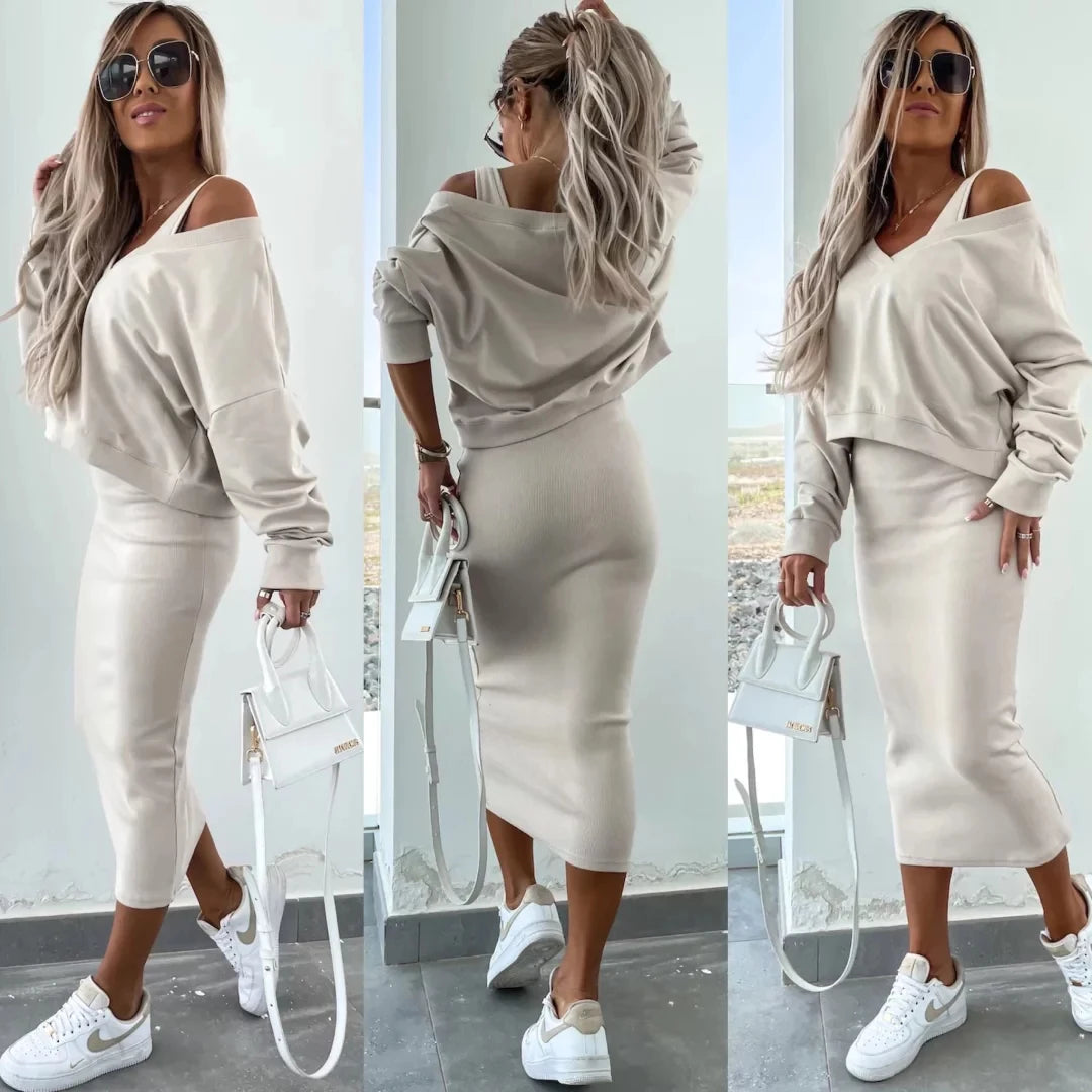 Women's casual suit Solid color long-sleeved pullover loose hoodie with slim-fit dress Daily four seasons wear two-piece set