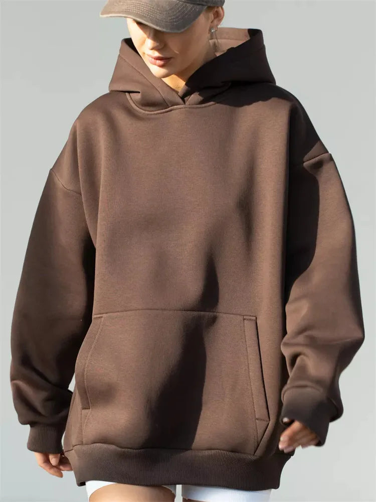 Women's Loose Hooded Sweatshirt Dropped Shoulder Sleeves Big Pockets High Street Fashion Top 14 Colors Pullover for Female