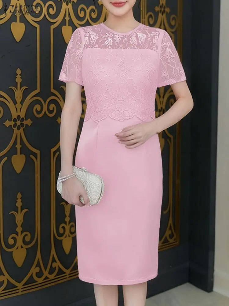 2025 ZANZEA Summer Lace Patchwork Dresses Elegant Stylish Party Dress Women Short Sleeve Slim Fit Sundress Solid Satin Midi Robe