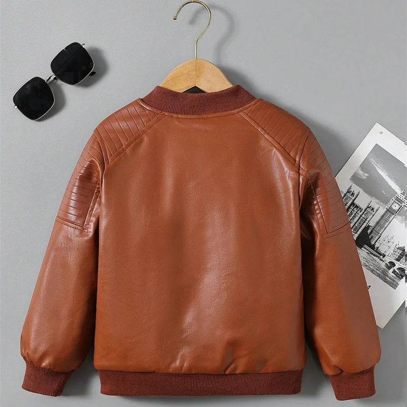 Boys Plus Velvet Thick Leather Jackets Kids Girls Autumn Winter Coat Fashion Clothing Children's Warm PU Leather Outerwear 2-14Y