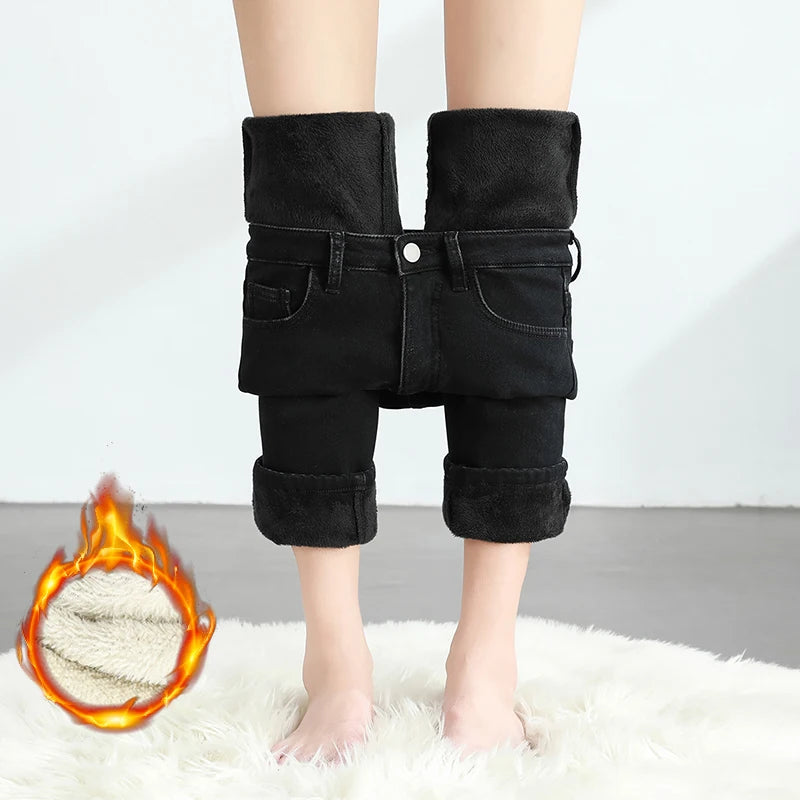 Women's Winter Fleece Warm Jeans Retro Elastic Thickened Comfortable Straight Fashion Korean Casual Female Velvet Denim Pants