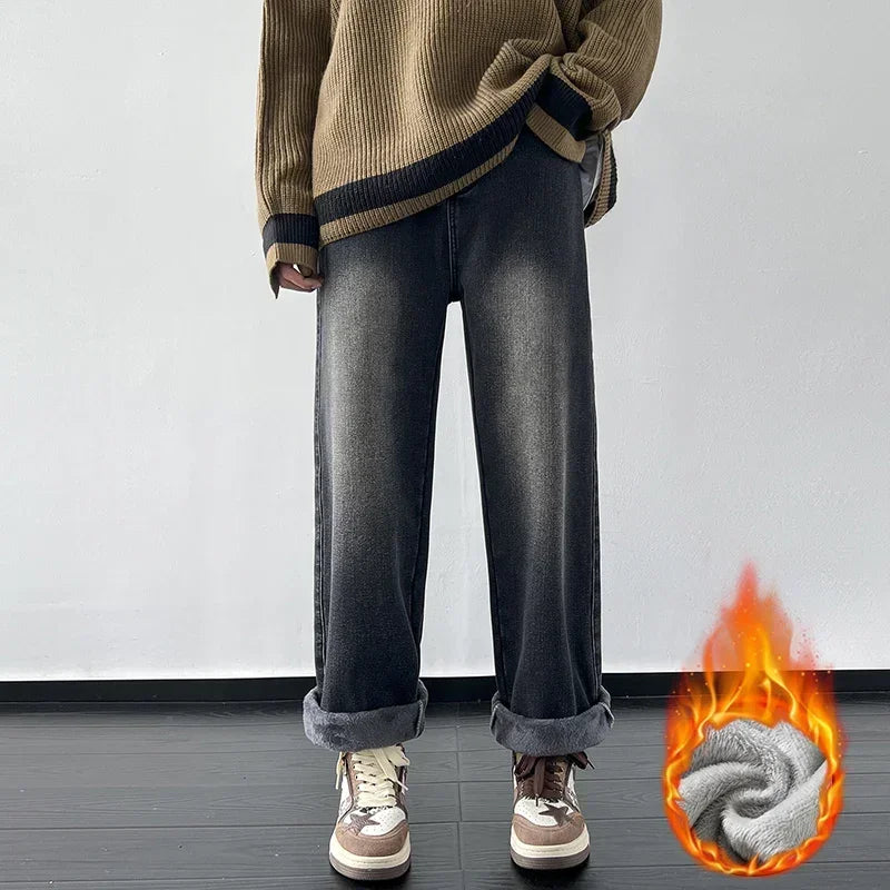4 Colors Winter Fleece Men's Jeans Baggy Straight Elastic Waist Denim Pants Fashion Korean Thickened Warm Male Thermal Trousers