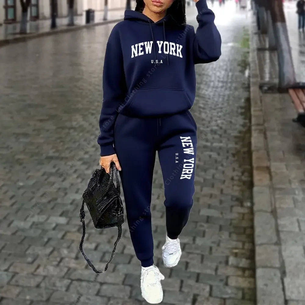New Women's Hooded Sports Pants 2-Piece Set Winter Spring Style Casual Running Street Wear High Quality Sportswear Tracksuit