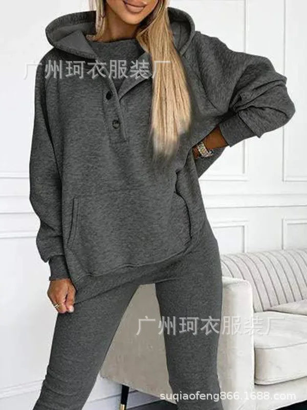 2024 Amazon Cross-border Women's Sporty Hooded Sweatshirt Thickened Screw Threads Slimming Smooths Silhouette Vest Pants Set