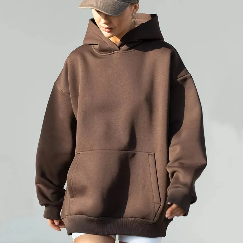 Women's Loose Hooded Sweatshirt Dropped Shoulder Sleeves Big Pockets High Street Fashion Top 14 Colors Pullover for Female