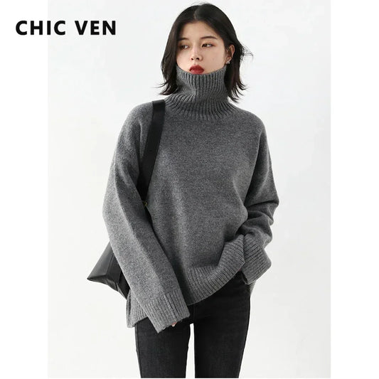 CHIC VEN Fashion Women's Loose Turtleneck Sweaters Warm Solid Pullover Knitwear Basic Female Jumpers Autumn Winter 2025