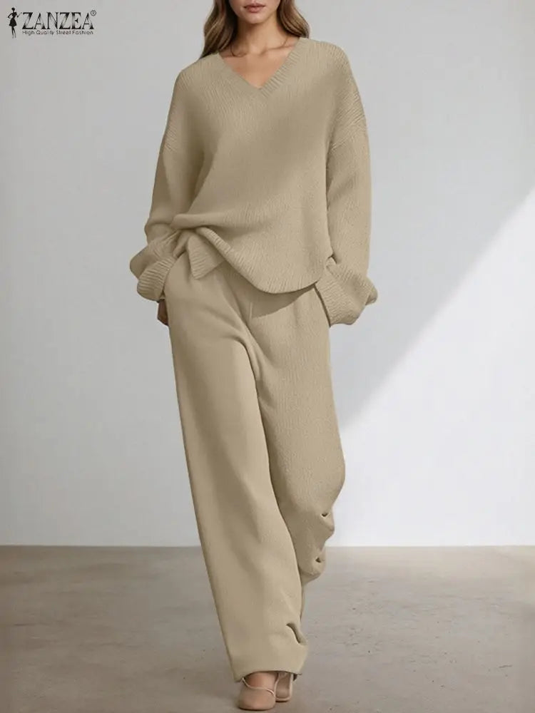 ZANZEA Elegant Pant Sets Women Long Sleeve V-Neck Pullovers Long Pants Knitted 2pcs 2025 Fashion Casual Autumn Streetwear Outfit