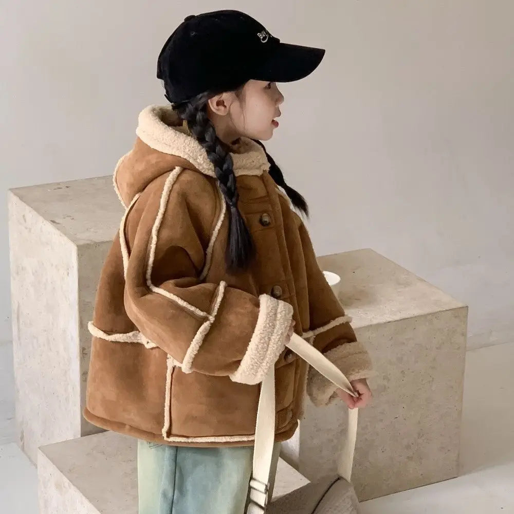 2025 Girls Sherpa-Lined Jacket Winter Fleece-Lined Korean Fashion Casual Hooded Coat with Faux Fur Trim Kids Outerwear