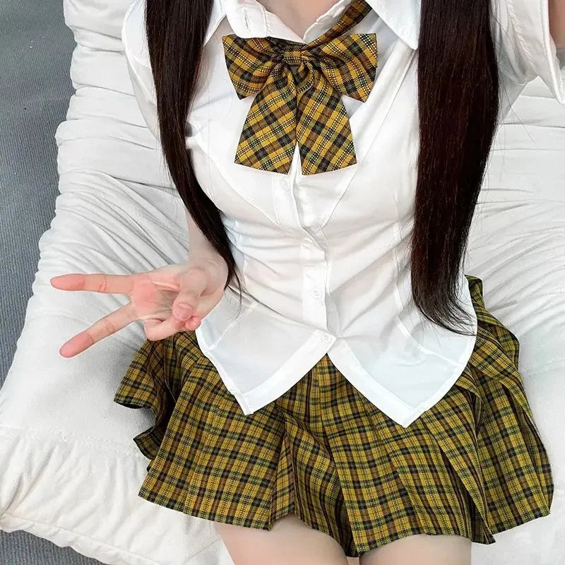 Original JK Uniform Shirt And Skirt Set with Waist-Cinching Short Sleeve Polka Dot Design for College Students Summer Fashion