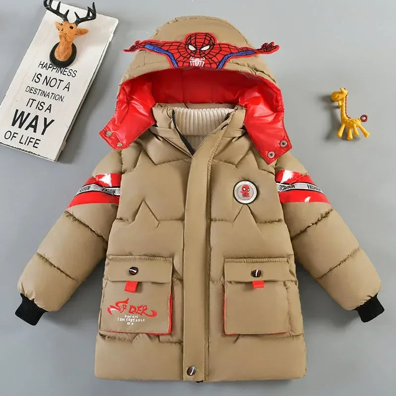 Spiderman Down Jacket 2025 Winter Baby Boy Costume Kids Warm Thicken Cotton-Padded Hooded Coat Parka Children Clothing Outerwear