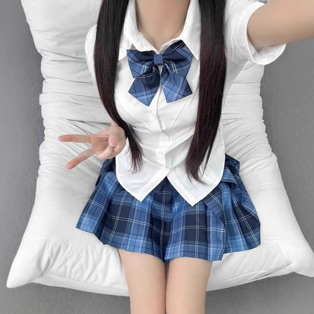 Original JK Uniform Shirt And Skirt Set with Waist-Cinching Short Sleeve Polka Dot Design for College Students Summer Fashion