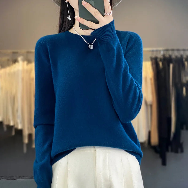 100% Merino Wool Sweater Women O-neck Cashmere Knitwear Female Pullover Autumn Winter Casual Tops Solid Color Soft  Clothing